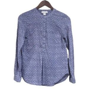 Kenar Blue Geometric 100% Cotton Long Sleeve Blouse, Size XS